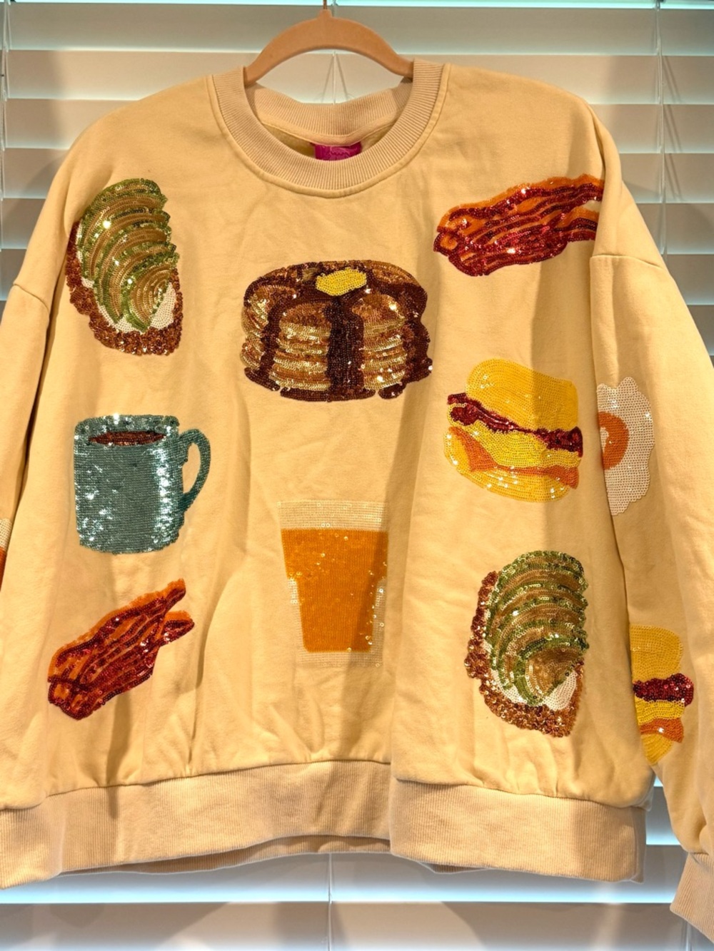 QUEEN OF SPARKLES Cream Sequin Breakfast Foods Sweatshirt